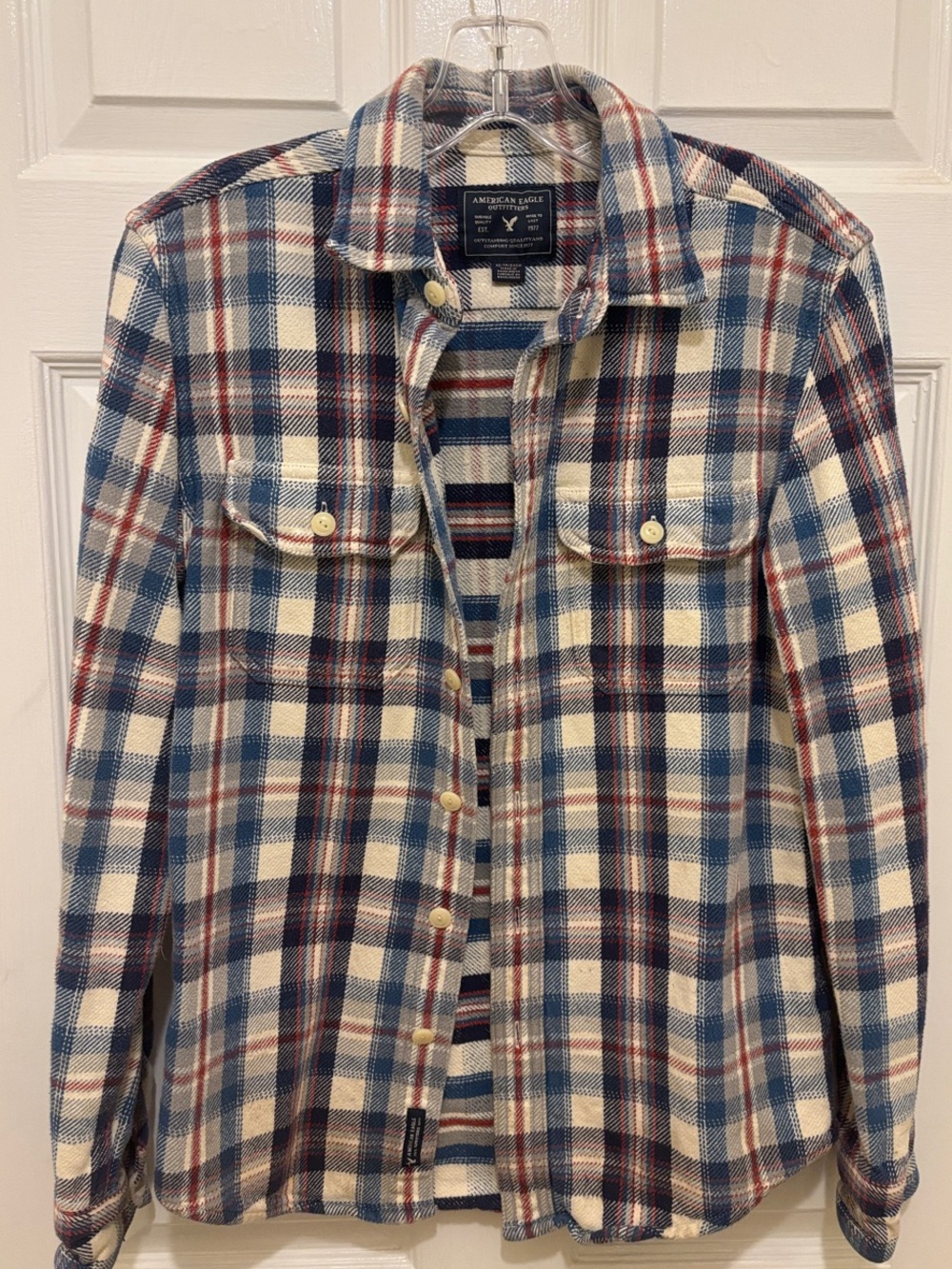 American Eagle Outfitters Plaid Flannel Shirt in Cream, Blue & Red